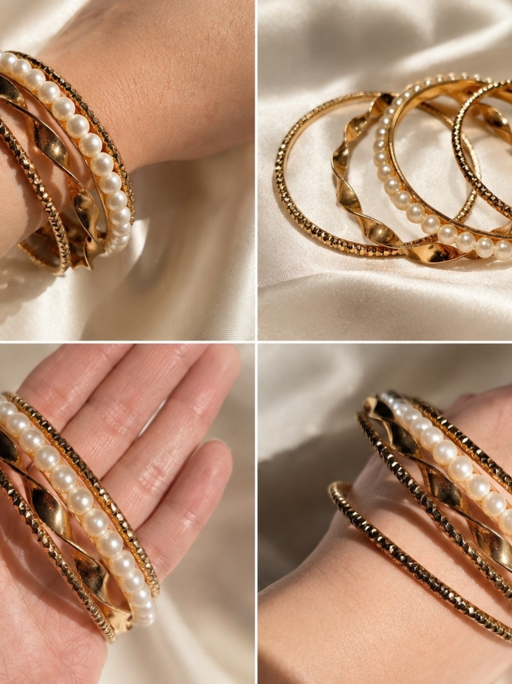 Gold Pearl & Textured Bangle Set – Women's Fashion Jewelry